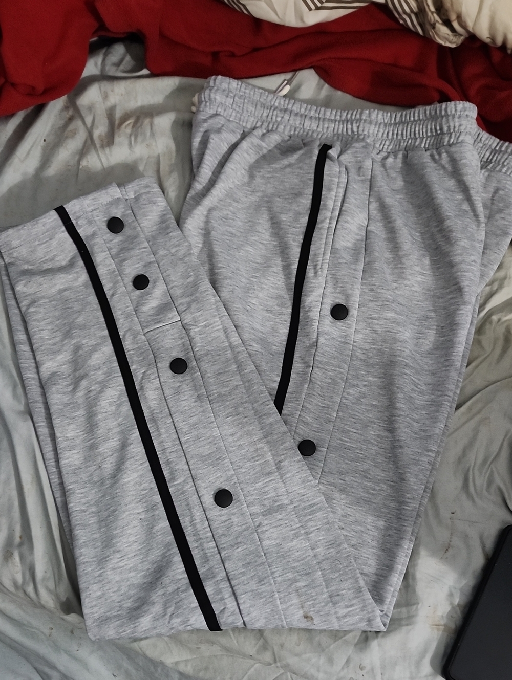 Gray Men's Snap-Button Track Pants with Black Trim
